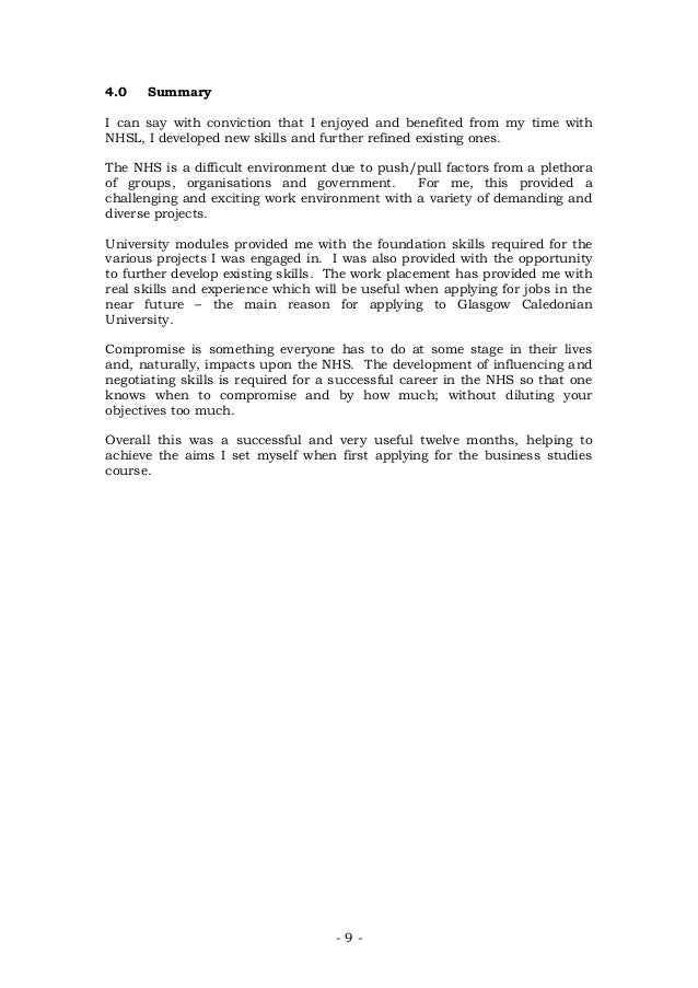areas to focus on in work experience summary of placement